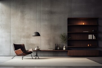 Dark living room interior with large sofa, armchair, panoramic window, bookshelves, carpet and concrete floor. Concept of minimalist design. Comfortable place for meeting.