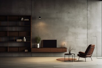 Dark living room interior with large sofa, armchair, panoramic window, bookshelves, carpet and concrete floor. Concept of minimalist design. Comfortable place for meeting.