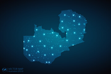 Zambia map radial dotted pattern in futuristic style, design blue circle glowing outline made of stars. concept of communication on dark blue background. Vector illustration EPS10