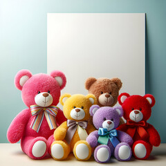 Rainbow Colored Collection Assortment of Cute Pastel Colorful Soft Plush Stuffed Animal Happy Funny Smiling Teddy Bear Toys, Ribbon Bows Sitting Mock Up Copy Space Background Congratulation Concept