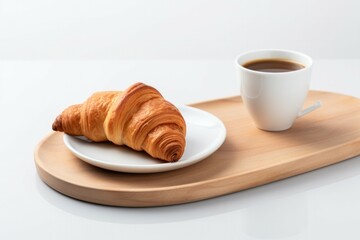 coffee cup with croissant isolated on white background. Studio light. Food and drink photo. Good morning concept.
