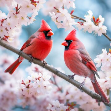 A serene dawn scene unfolds as a pair of cardinals, their vibrant plumage catching the first rays of sunlight, gracefully perch on an intricately curved tree branch