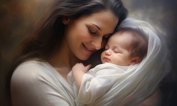 Smiling woman hugging her newborn son. Generative AI