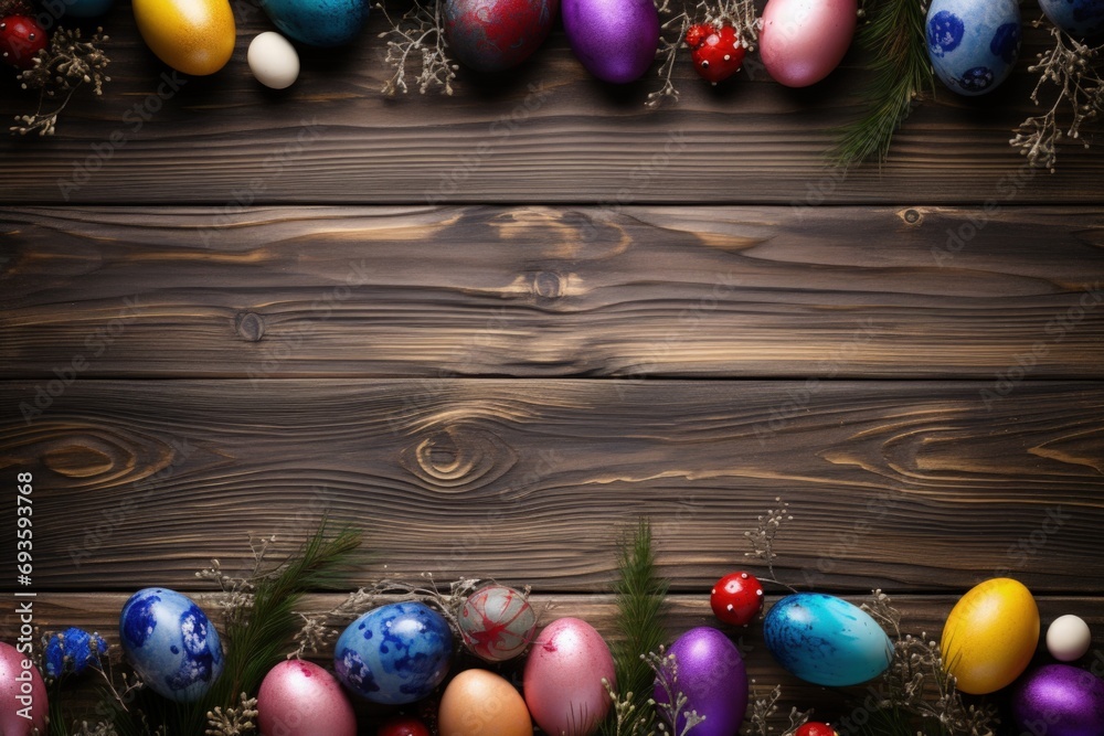 Wall mural Wooden background with easter eggs, easter celebration concept. Generative AI