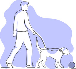 Dog walking man, vector illustration in line style