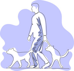 Man walking two dogs, line style vector illustration