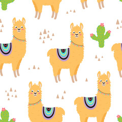 vector illustration of cartoon llama or alpaca and cactus, seamless pattern of cute llama, print for fabric, wallpaper, textile