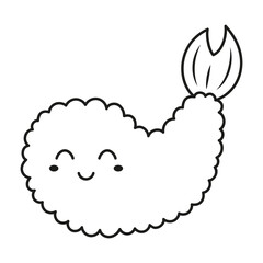 cute funny tempura shrimp character, outline cartoon vector illustration isolated on white background