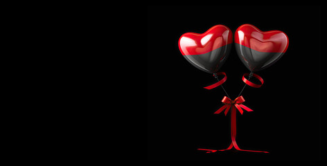 Two black and red balloons in the shape of a heart on a black background with copy space. Banner. Valentine's day concept