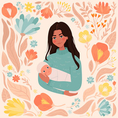 Single mom holds a newborn baby in her arms. Warm modern illustration with flowers. motherhood support.