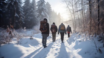 Fototapeta na wymiar Winter Hiking Adventure with Friends