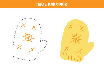 Trace and color cartoon yellow mitten. Worksheet for children.