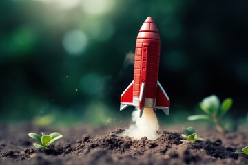 Landscape with toy rocket outdoors, startup and business development concept. Generative AI