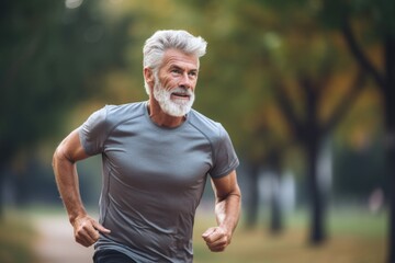 Elderly man in gym clothes running in park, healthy lifestyle concept. Generative AI