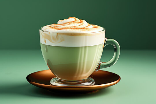 Patricks Day green latte coffee matcha with foam in glass cup on green background. Close up.