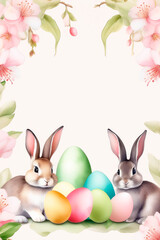 Easter holiday concept. Happy easter greeting card with bunny, colourful eggs and apple blossoms. Watercolor.