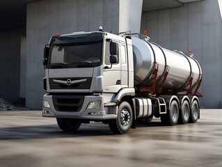 Transportation truck dangerous chemical truck tank stainless is parked in the factory
