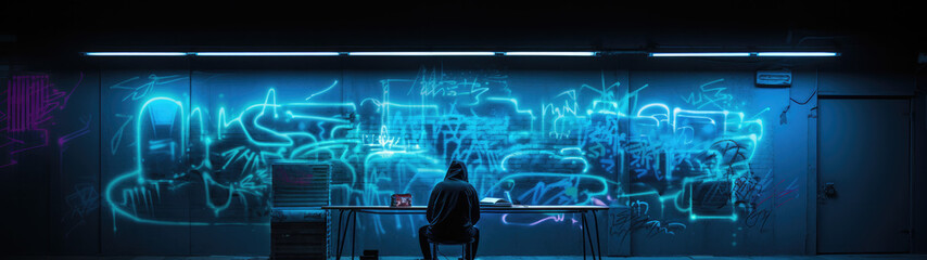 Naklejka premium Graffiti Artist Creativity: Deep Blue Neon and Ethereal Portrait 