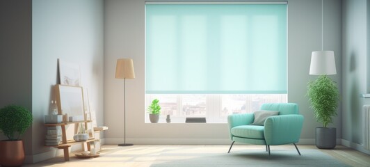 Livingroom with big windows with light turquoise curtains, calm interior, light colors, minimalizm 3D render.