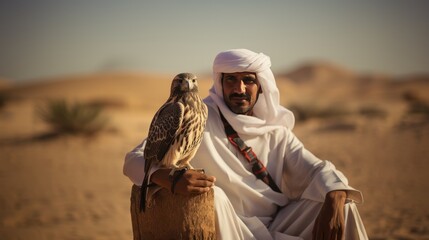 Arab man training falcon in the desert - obrazy, fototapety, plakaty