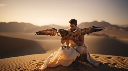 Arab man training falcon in the desert