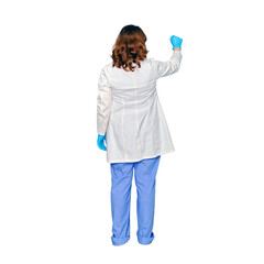 Woman doctor knocks on the door of the apartment when visiting a patient home, isolated on a white background