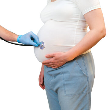 Pregnant woman at a doctor appointment, photo in the studio on a isolated on a white background