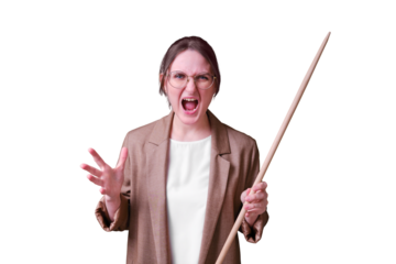 Angry screaming female teacher with pointer on studio isolated on a white background, copy space