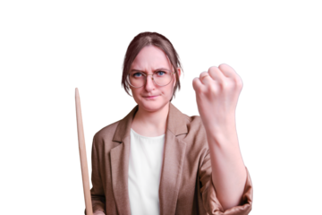 Woman teacher shaking fist on studio isolated on a white background, copy space
