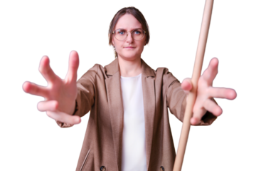 Woman teacher pulls her hands forward and wants to grab on studio isolated on a white background, copy space