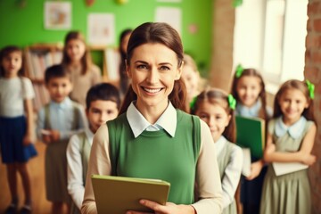 Female teacher standing in the classroom holding a folder, students in the background. Generative AI - obrazy, fototapety, plakaty