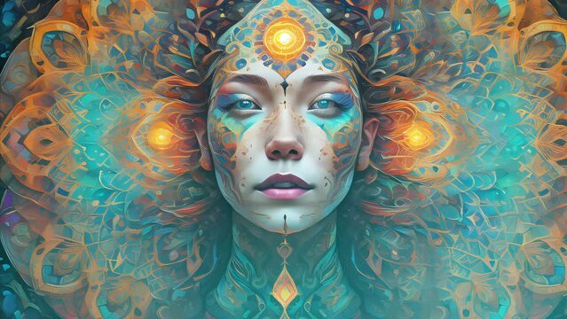 sequence of spiritual cosmic women listening to music made with AI