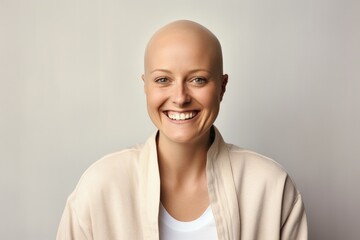 Obraz premium Beautiful bald woman smiling fighting cancer, World Cancer Day, digital illustration. Generative AI