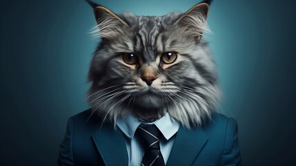 Funny cat dressed in elegant suit with nice tie. Fashion portrait, anthropomorphic animal posing with charismatic human attitude Isolated on blue background