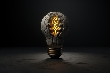 Concrete lightbulb illustration, concept of ideas, creativity, black background. Generative AI