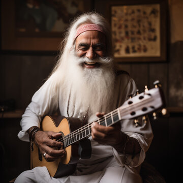 elderly male smiling old man playing guitar
