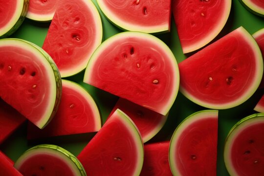 Illustration of several watermelon slices, green background. Generative AI