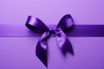 Illustration of a purple ribbon bow, purple background. Generative AI