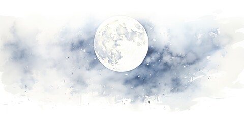 linda ilustração de uma lua cheia - aquarela - céu acinzentado e branco - lua brilhante - obrazy, fototapety, plakaty