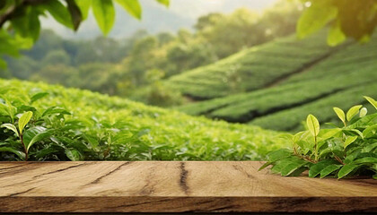 Empty wooden table or wooden desk on nature background of green leaves and tea plantation