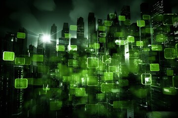 Ethereal Matrix. Serene Man Standing in the Mystical Foggy Green Cityscape System
