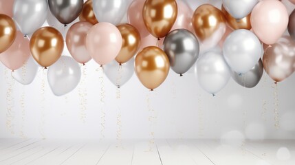 An elegant balloon celebration mockup featuring a collection of metallic balloons in gold, silver,...