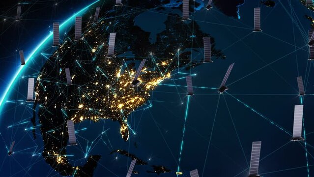 
Satellites Orbiting Earth Facilitating Telecommunication, High-Speed Internet, GPS, Surveillance. Industry And Technology Related 3D Animation. From North America to Europe.