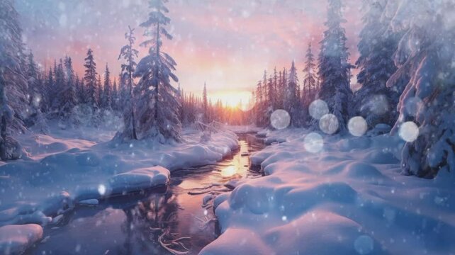 Winter river forest scene with snowfall in the middle of sunrise Seamless looping time-lapse animation background. Generative AI