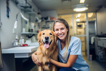 Healthy Pet on a Check Up Visit in Veterinary Clinic, young veterinarian stroking a noble golden retriever dog