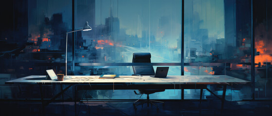 Abstract Art in a Modern Office with Remote City Lights and Blue Neon Ambiance