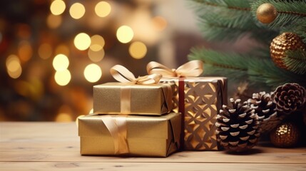 Naklejka na ściany i meble Christmas gift boxes on a wood table ready for joyful holiday celebration, merry Christmas and happy new year 2024 festival comeliness