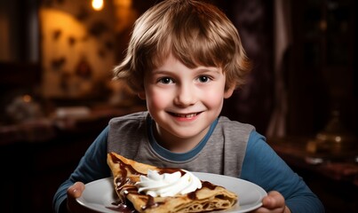 Cute child holding a plate of French crepe pancake, chocolate sauce and Chantilly whipped cream on...