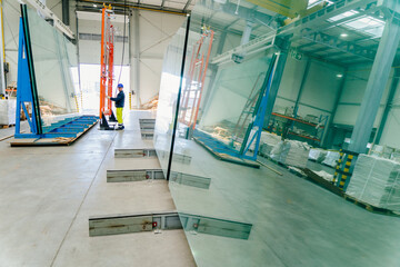 Interior of a large glass and mirror cutting factory. Tempered Glass Excellence concept. Sheet...