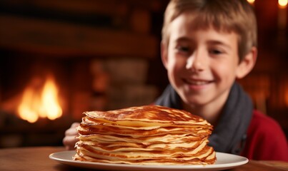 A boy with pancakes, a pile of crepes on a white plate on the wooden table, near the fireplace at home in the dining room, the happy child smiles as he looks at the delicious snack on pancake day